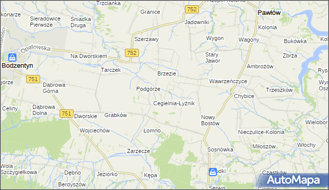 mapa Modrzewie gmina Pawłów, Modrzewie gmina Pawłów na mapie Targeo