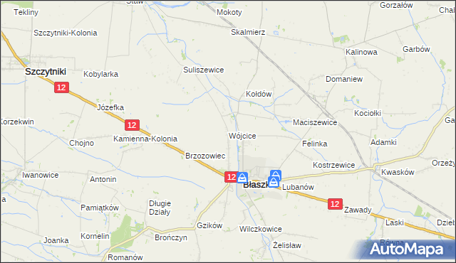 mapa Wójcice gmina Błaszki, Wójcice gmina Błaszki na mapie Targeo