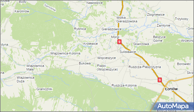 mapa Wojcieszyce gmina Łoniów, Wojcieszyce gmina Łoniów na mapie Targeo