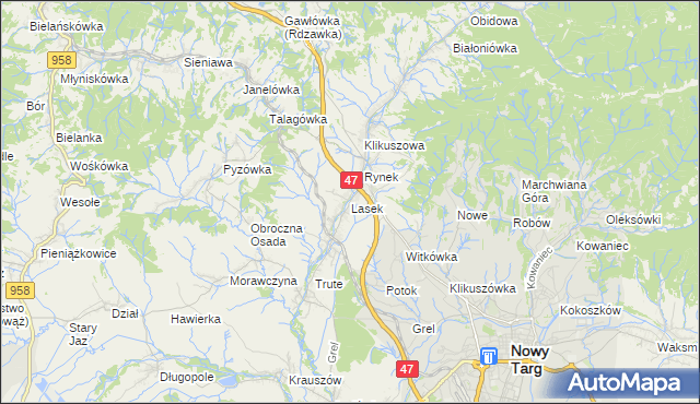 mapa Lasek gmina Nowy Targ, Lasek gmina Nowy Targ na mapie Targeo