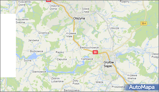mapa Biedrzychowice gmina Olszyna, Biedrzychowice gmina Olszyna na mapie Targeo