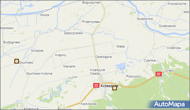 mapa Dzierzążna gmina Krzeszyce, Dzierzążna gmina Krzeszyce na mapie Targeo