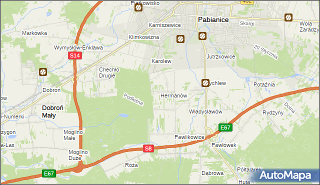 mapa Hermanów gmina Pabianice, Hermanów gmina Pabianice na mapie Targeo