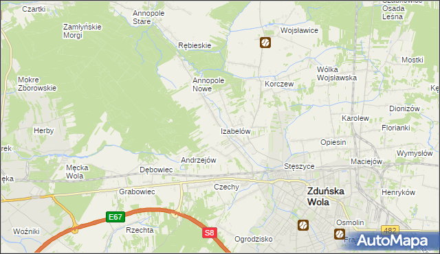 mapa Izabelów gmina Zduńska Wola, Izabelów gmina Zduńska Wola na mapie Targeo