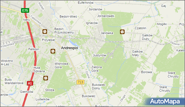 mapa Justynów gmina Andrespol, Justynów gmina Andrespol na mapie Targeo