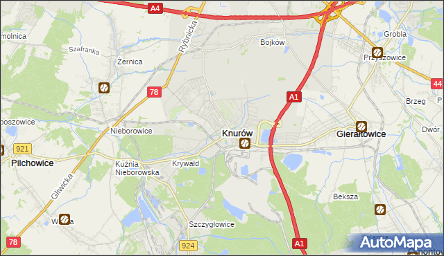 mapa Knurów powiat gliwicki, Knurów powiat gliwicki na mapie Targeo