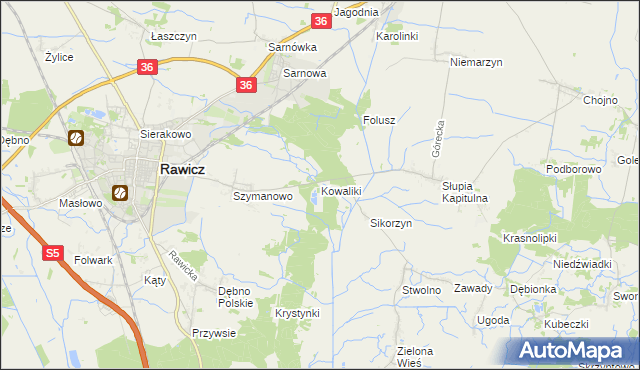 mapa Kowaliki gmina Rawicz, Kowaliki gmina Rawicz na mapie Targeo