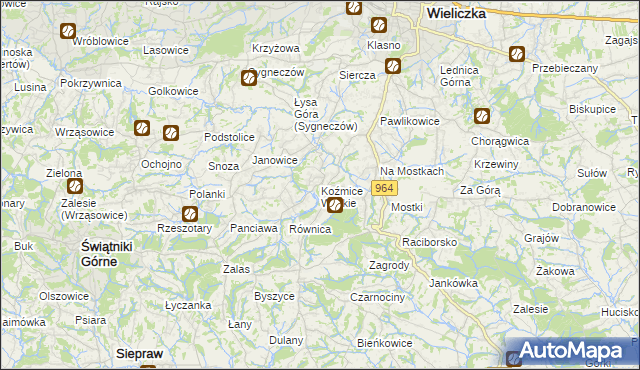 mapa Koźmice Wielkie, Koźmice Wielkie na mapie Targeo