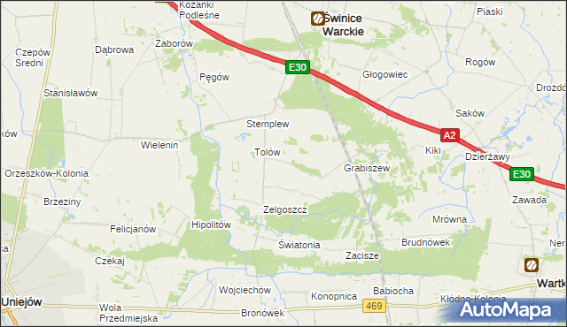 mapa Ładawy gmina Świnice Warckie, Ładawy gmina Świnice Warckie na mapie Targeo