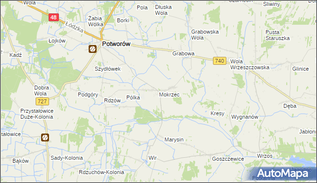 mapa Mokrzec gmina Potworów, Mokrzec gmina Potworów na mapie Targeo