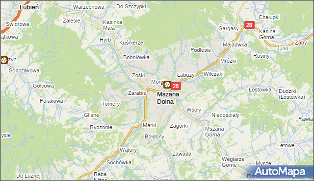 mapa Mszana Dolna, Mszana Dolna na mapie Targeo