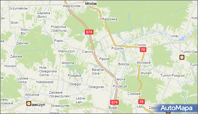 mapa Pępice gmina Mniów, Pępice gmina Mniów na mapie Targeo