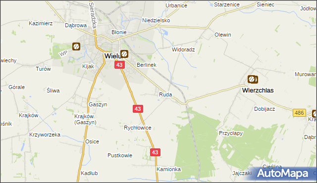 mapa Ruda gmina Wieluń, Ruda gmina Wieluń na mapie Targeo