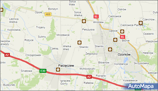 mapa Śliwniki gmina Parzęczew, Śliwniki gmina Parzęczew na mapie Targeo