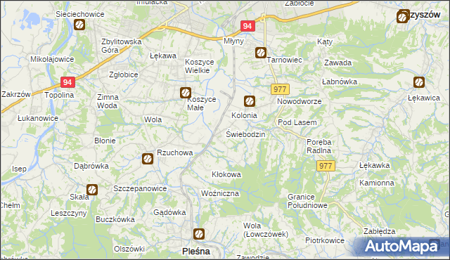 mapa Świebodzin gmina Pleśna, Świebodzin gmina Pleśna na mapie Targeo