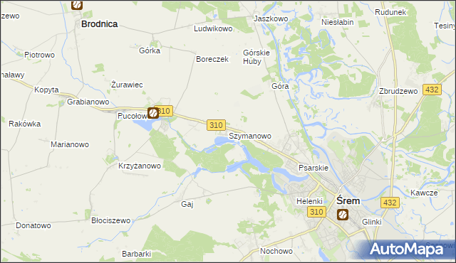 mapa Szymanowo gmina Śrem, Szymanowo gmina Śrem na mapie Targeo