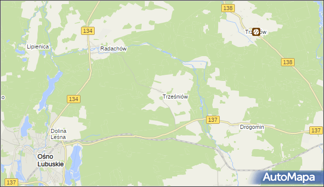 mapa Trześniów gmina Ośno Lubuskie, Trześniów gmina Ośno Lubuskie na mapie Targeo