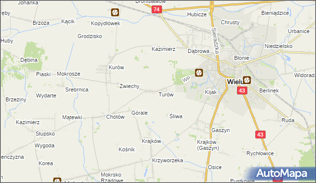 mapa Turów gmina Wieluń, Turów gmina Wieluń na mapie Targeo