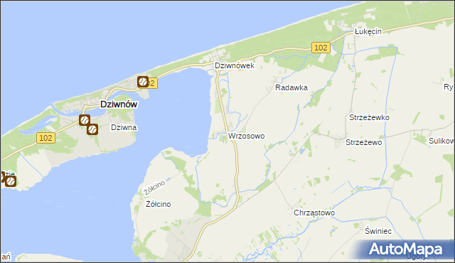 mapa Wrzosowo gmina Kamień Pomorski, Wrzosowo gmina Kamień Pomorski na mapie Targeo