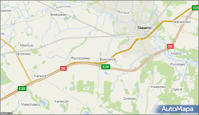 mapa Bobrowice gmina Sławno, Bobrowice gmina Sławno na mapie Targeo