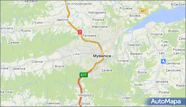 mapa Myślenice, Myślenice na mapie Targeo