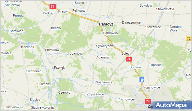 mapa Adamów gmina Paradyż, Adamów gmina Paradyż na mapie Targeo