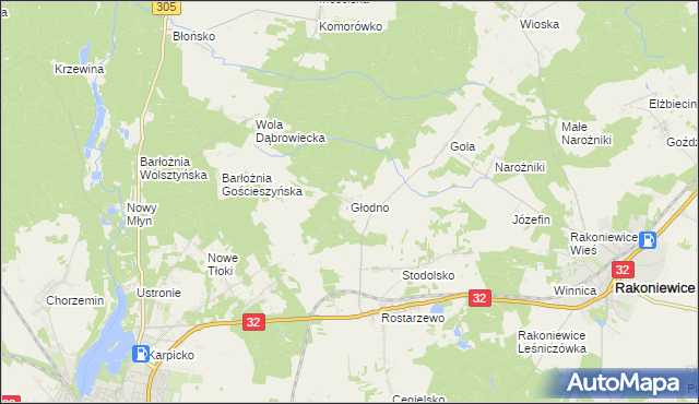 mapa Głodno gmina Rakoniewice, Głodno gmina Rakoniewice na mapie Targeo