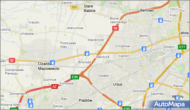mapa Jawczyce gmina Ożarów Mazowiecki, Jawczyce gmina Ożarów Mazowiecki na mapie Targeo