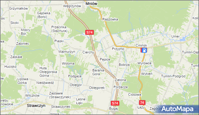 mapa Pępice gmina Mniów, Pępice gmina Mniów na mapie Targeo