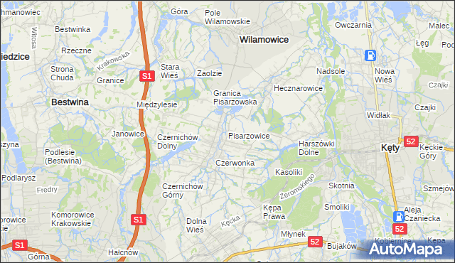 mapa Pisarzowice gmina Wilamowice, Pisarzowice gmina Wilamowice na mapie Targeo