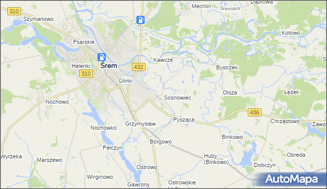 mapa Sosnowiec gmina Śrem, Sosnowiec gmina Śrem na mapie Targeo