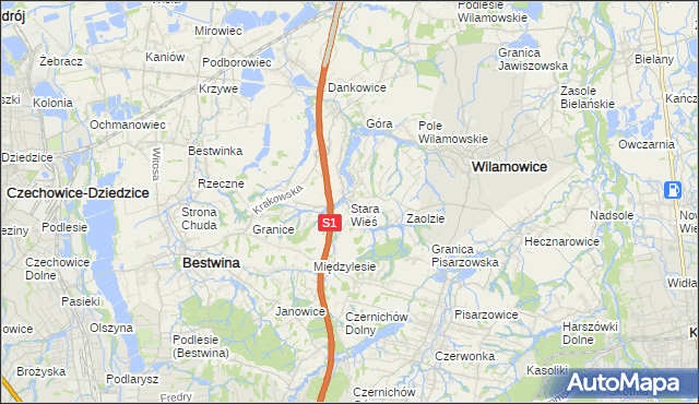 mapa Stara Wieś gmina Wilamowice, Stara Wieś gmina Wilamowice na mapie Targeo