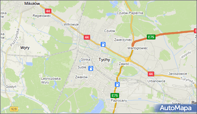 mapa Tychów, Tychy na mapie Targeo