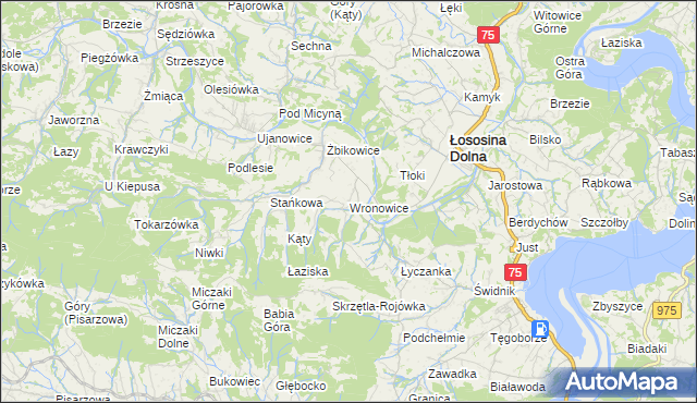 mapa Wronowice gmina Łososina Dolna, Wronowice gmina Łososina Dolna na mapie Targeo