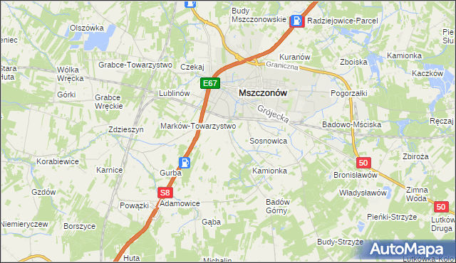 mapa Wymysłów gmina Mszczonów, Wymysłów gmina Mszczonów na mapie Targeo