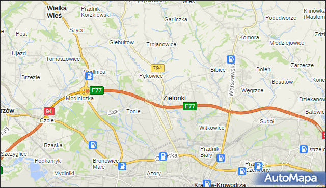 mapa Zielonki powiat krakowski, Zielonki powiat krakowski na mapie Targeo