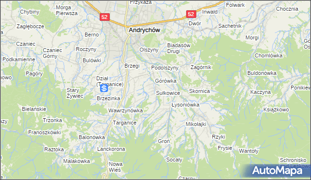 mapa Sułkowice gmina Andrychów, Sułkowice gmina Andrychów na mapie Targeo