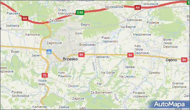 mapa Jadowniki gmina Brzesko, Jadowniki gmina Brzesko na mapie Targeo