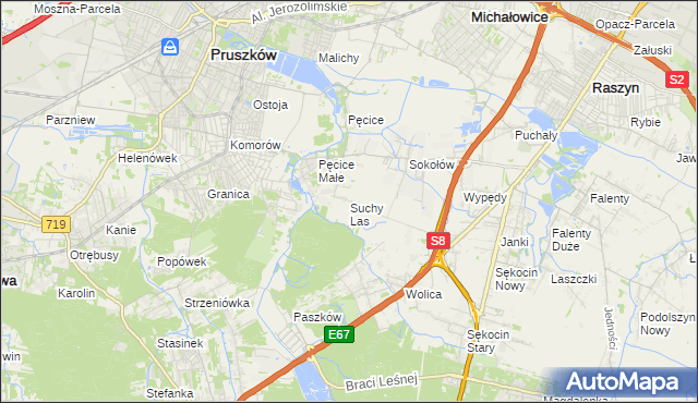 mapa Suchy Las gmina Michałowice, Suchy Las gmina Michałowice na mapie Targeo