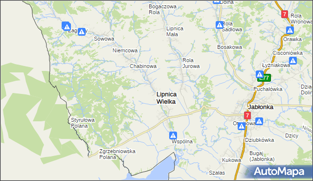 mapa Lipnica Wielka powiat nowotarski, Lipnica Wielka powiat nowotarski na mapie Targeo