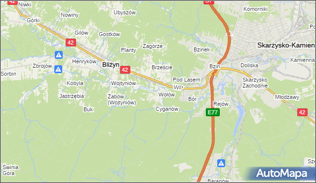 mapa Wołów gmina Bliżyn, Wołów gmina Bliżyn na mapie Targeo