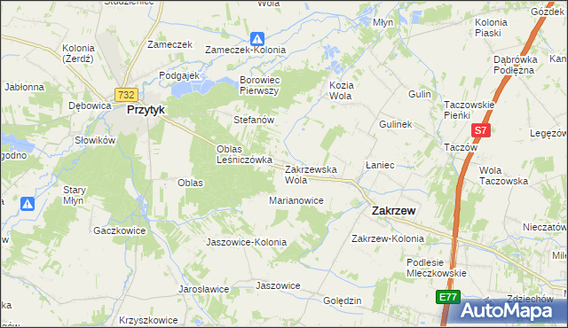 mapa Zakrzewska Wola gmina Zakrzew, Zakrzewska Wola gmina Zakrzew na mapie Targeo