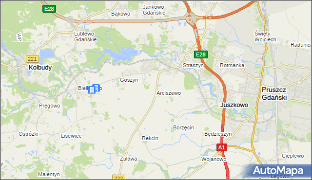 mapa Arciszewo gmina Pruszcz Gdański, Arciszewo gmina Pruszcz Gdański na mapie Targeo