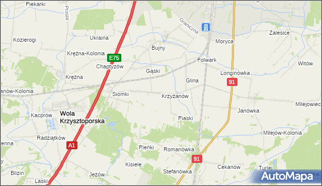 mapa Krzyżanów gmina Wola Krzysztoporska, Krzyżanów gmina Wola Krzysztoporska na mapie Targeo