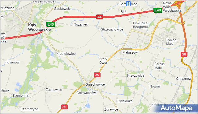 mapa Stary Dwór gmina Kąty Wrocławskie, Stary Dwór gmina Kąty Wrocławskie na mapie Targeo