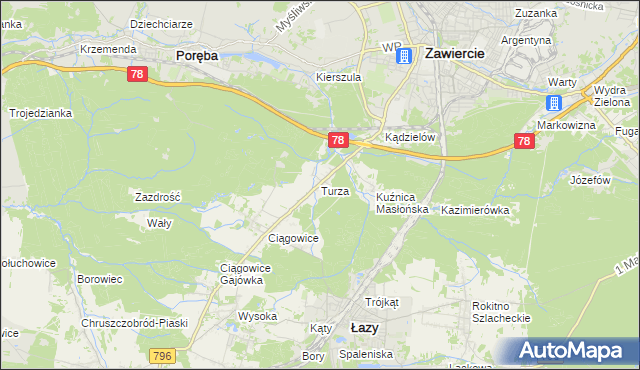 mapa Turza gmina Łazy, Turza gmina Łazy na mapie Targeo
