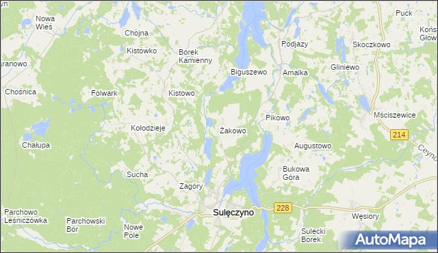 mapa Żakowo gmina Sulęczyno, Żakowo gmina Sulęczyno na mapie Targeo