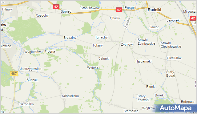 mapa Jelonki gmina Rudniki, Jelonki gmina Rudniki na mapie Targeo