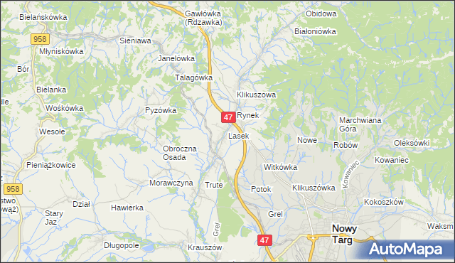 mapa Lasek gmina Nowy Targ, Lasek gmina Nowy Targ na mapie Targeo
