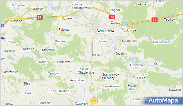mapa Brzezie gmina Szczerców, Brzezie gmina Szczerców na mapie Targeo